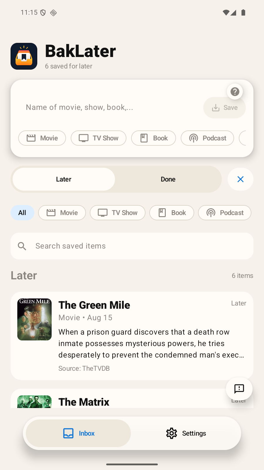 Searching recommendations in BakLater
